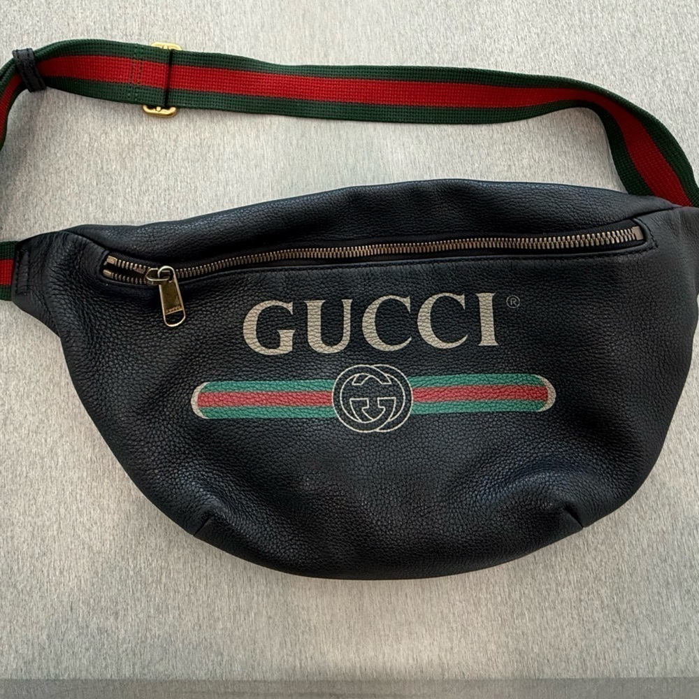 Gucci Large black leather logo interlock GG Web striped belt bag crossbody - Picture 3 of 15